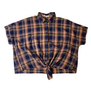 Madewell Plaid Tie Front Button Down Short Sleeve Pink & Blue Cotton Shirt Large